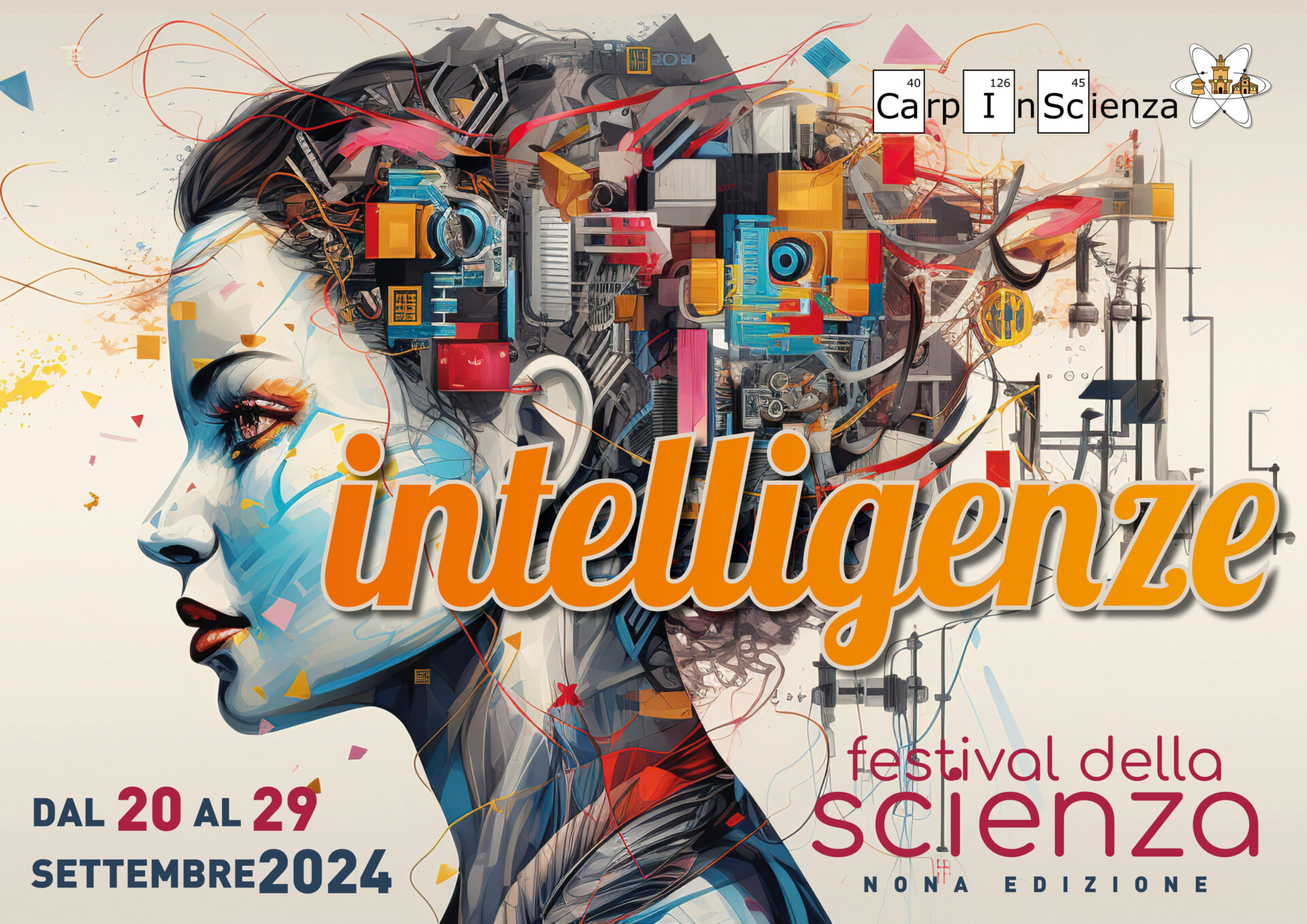 Locandina Edizione di Carpi In Scienza 2024, 
Tema : "Intelligenze".
presente dal 20 al 29 settembre 2024 a Carpi.